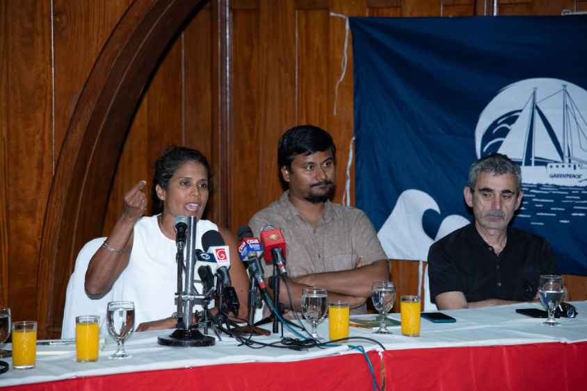 Asha de Vos, Founder of Oceanswell and Marine biologist, Avinash Chanchal, Campaign Manager, Greenpeace South Asia, and Pep Barbal Captain of Rainbow Warrior (LBN)